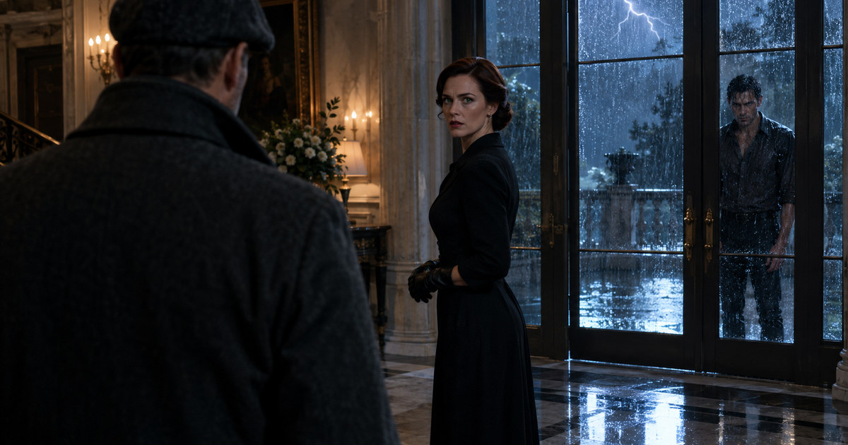 Elena Vance freezes in a grand foyer behind an enforcer's silhouette as Kenneth Cross stares through rain-streaked glass outside.