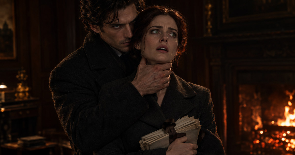 Kenneth Cross pins Elena Vance from behind by her throat in a dim, ember-lit study as she clutches bearer bonds in terror.