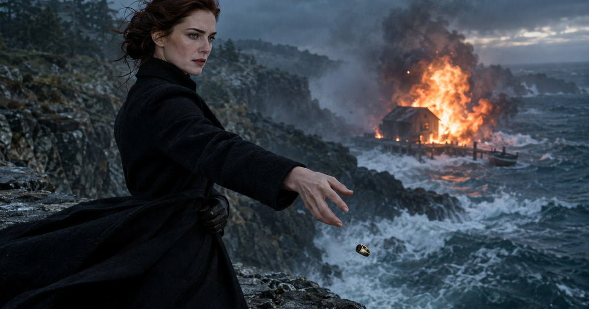 Elena Vance stands on a storm-swept sea cliff dropping a ring into the surf while a distant boathouse explodes in flames below.