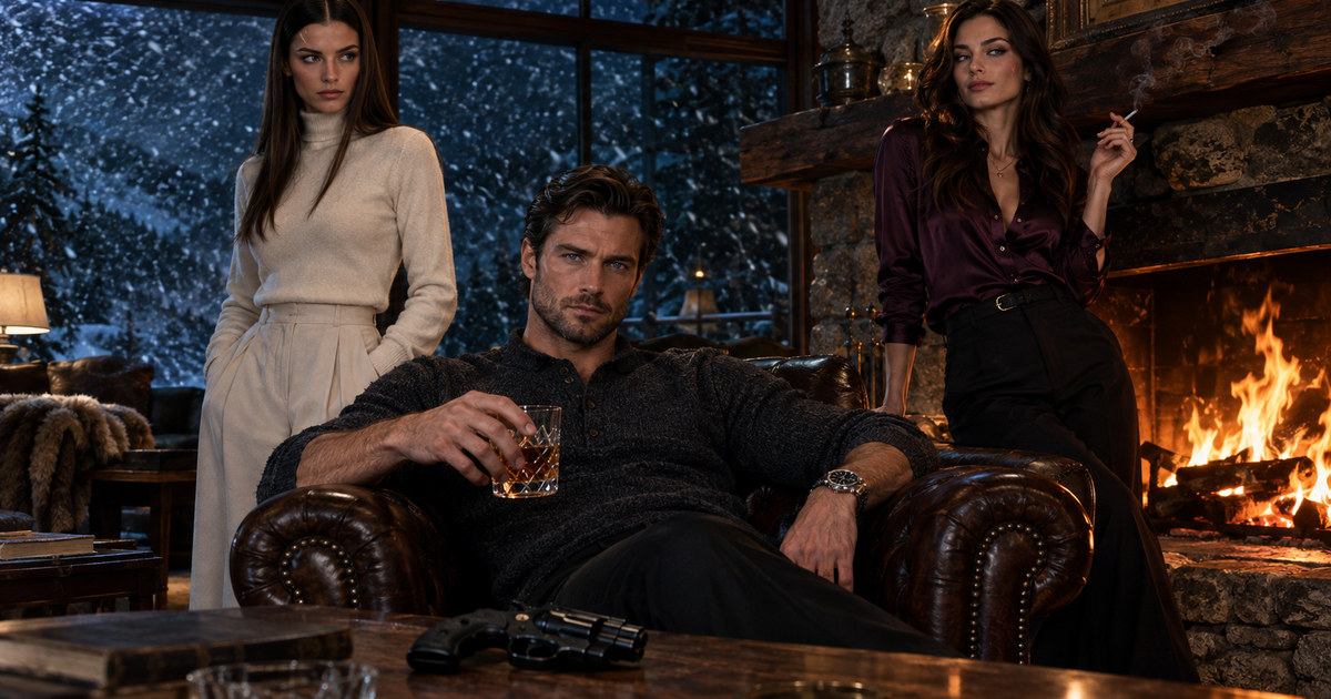 Julian sits between identical twins Claire and Helen in a snowy chalet, a revolver on the table between them in front of a roaring fire.