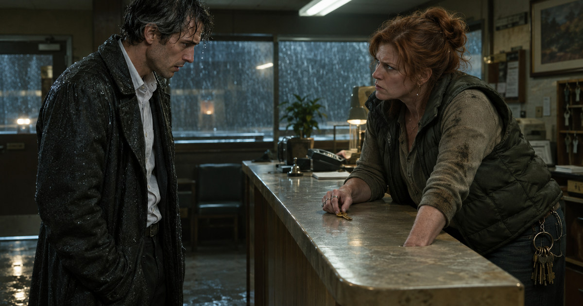 Drenched Julian stares tensely at motel clerk Mona, who firmly pins a brass room key to the worn counter under harsh fluorescent lights.