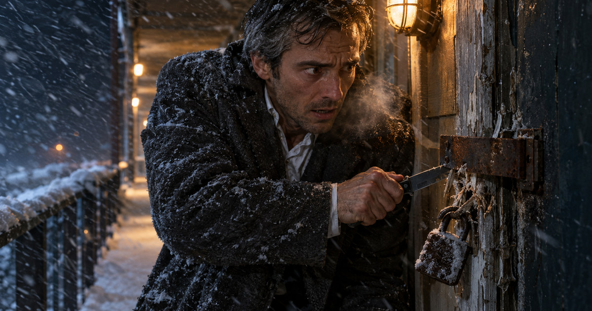 Julian Vance uses a pocketknife to pry open a rusted, snow-crusted padlock on a decaying motel door during a violent blizzard.