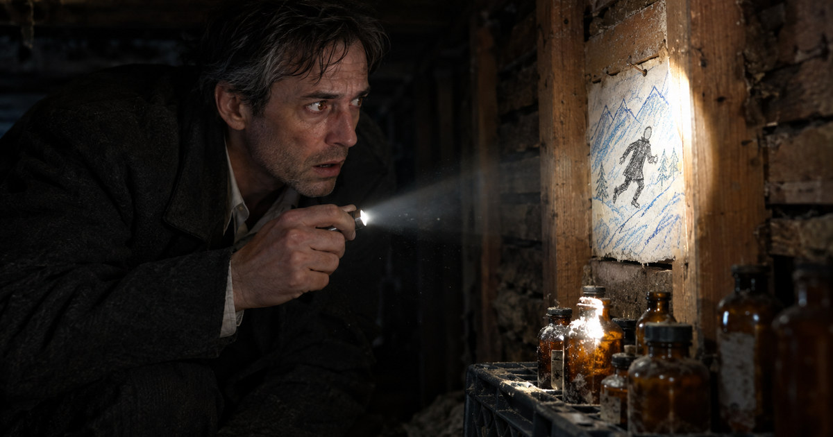 Julian shines a penlight in a dark wall cavity onto a child's crayon drawing pinned to exposed wooden studs beside amber medicine bottles.