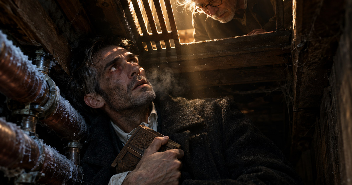 Julian Vance hides in a freezing crawlspace, clutching a wooden box as Dr. Silas Rowe kneels above an iron floor grate.